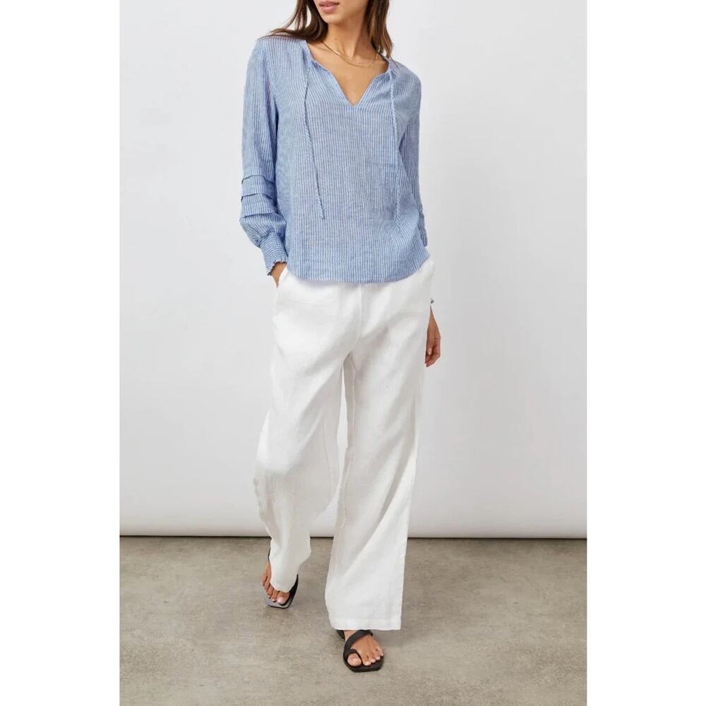 Rails Blue White Stripe Linen Blend Keyhole Tie Smocked Cuff Blouse Small S